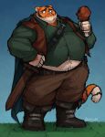  anthro baldric belly cape chicken_meat chubby_cheeks clothed clothing cute_fangs felid food fur hand_on_hip hi_res holding_food holding_object male mammal meat orange_body orange_fur outside overweight overweight_anthro overweight_male pantherine racesolar roast_chicken_leg scabbard solo standing striped_body striped_fur stripes tiger tight_clothing white_body white_fur 