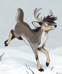  2020 antlers black_hooves black_nose blue_eyes cervid day detailed_background digital_media_(artwork) feral fur grey_body grey_fur hi_res hooves horn male mammal outside sepiapaws snow solo 