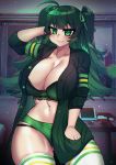  1girl :3 absurdres ahoge arm_behind_head bed bedroom bra breasts cleavage computer crawling_dreams curvy fang green_bra green_eyes green_hair green_panties green_shirt hacker hand_in_pocket highres huge_breasts midriff navel open_clothes open_shirt osiimi panties shirt shu_(crawling_dreams) striped striped_legwear thick_thighs thighhighs thighs twintails underwear white_legwear 