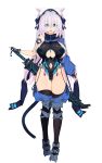  1girl :d animal_ear_fluff animal_ears armored_shoes asymmetrical_clothes bangs black_legwear black_leotard black_scarf blue_eyes blue_gloves blue_headband blue_sleeves breasts cat_ears clothing_cutout commentary_request denpaken_pochi eyebrows_visible_through_hair fang faulds fingerless_gloves full_body garter_straps gloves groin hair_between_eyes headband highres huge_breasts knee_pads leotard long_hair looking_at_viewer micro_panties navel navel_cutout open_mouth original panties paw_print pubic_tattoo scarf see-through sex_toy sheath sheathed sideboob sidelocks silver_hair simple_background single_sleeve skin_fang skindentation smile solo standing sword tachi-e tattoo thighhighs twintails underboob underboob_cutout underwear vibrator weapon weapon_on_back white_background zipper zipper_pull_tab 