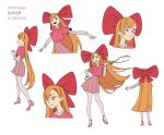  1girl bangs blossom_(ppg) bow character_name character_sheet eyebrows_visible_through_hair hair_bow hand_on_hip high_heels highres huge_bow leaning_to_the_side long_hair looking_at_viewer older onasugar open_mouth orange_hair pink_eyes pink_footwear pink_skirt powerpuff_girls red_bow skirt smile very_long_hair 