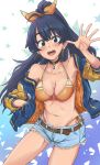  1girl absurdres anjerain bangs belt bikini bikini_top black_hair blue_eyes bow breasts brown_belt choker collarbone denim denim_shorts ganaha_hibiki hair_bow hand_in_pocket highres idolmaster idolmaster_(classic) long_hair medium_breasts navel open_hand open_mouth orange_bow ponytail short_shorts shorts solo stomach swimsuit waving 