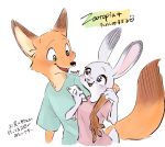  2020 anthro arm_around_shoulders blush canid canine cellphone clothed clothing disney duo female fox fur grey_body grey_fur hi_res holding_cellphone holding_object holding_phone japanese_text judy_hopps lagomorph leporid looking_at_another male mammal memegmu nick_wilde open_mouth open_smile orange_body orange_fur phone rabbit red_fox shirt simple_background smile t-shirt text topwear white_background zootopia 