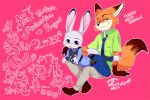  2020 anthro belt blep blush bottomwear brown_body brown_fur canid canine clothed clothing disney dogear218 fox fully_clothed fur grey_body grey_fur japanese_text judy_hopps lagomorph leporid looking_at_viewer mammal necktie nick_wilde orange_body orange_fur pants police_uniform rabbit red_fox shirt sitting text tongue tongue_out topwear uniform zootopia 
