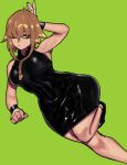  1girl absurdres arm_behind_head armpits black_dress braid breasts brown_eyes brown_hair clenched_hand dress green_background hair_over_one_eye highres leg_up looking_to_the_side mano_(deew123) medium_breasts medusa_gorgon one_eye_covered solo soul_eater twin_braids wide_hips wrist_cuffs 