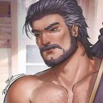  1boy beard blurry blurry_background chest_hair close-up collarbone door duessel_(fire_emblem) face facial_hair fire_emblem fire_emblem:_the_sacred_stones fire_emblem_heroes gloves gold_trim grey_eyes grey_hair lips looking_away looking_down male_focus multicolored_hair muscle mustache pectorals portrait purple_gloves purple_shirt reirotic shadow shirt signature solo two-tone_hair undressing white_hair 