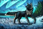  2020 4_toes ambiguous_gender black_body black_fur canid canine canis detailed_background digital_media_(artwork) feral flashw fur grey_body grey_fur mammal night outside paws solo toes wolf 