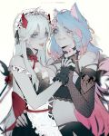  2girls animal_ear_fluff animal_ears arm_around_waist bangs black_gloves blue_hair blue_nails breasts cleavage commission demon_girl demon_tail english_commentary eyebrows_visible_through_hair flower flower_choker gloves gradient_hair hair_between_eyes highres holding_hands horns indie_virtual_youtuber licking_lips long_hair looking_at_viewer looking_up medium_breasts midriff multicolored_hair multiple_girls open_mouth pink_flower pink_hair pink_nails silvervale succubus tail the_cecile tongue tongue_out vei_(vtuber) very_long_hair virtual_youtuber vshojo white_hair 