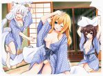  3girls alternate_costume animal_ears blonde_hair breasts cleavage closed_eyes collarbone dog_ears ex_idol fox_ears hair_between_eyes highres hoshino_char inukai_purin kamiko_kana large_breasts long_hair multiple_girls one_eye_closed open_clothes open_mouth open_shirt panties small_breasts tsunderia underwear virtual_youtuber 