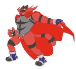  anthro barefoot black_clothing black_footwear black_shoes boots build_tiger bulge cape clothed clothing footwear incineroar male nintendo open_mouth pok&eacute;mon pok&eacute;mon_(species) red_clothing simple_background solo teeth_showing thegreatmatsutzu tongue_showing topless video_games white_background 