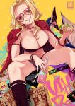  1girl aztec blonde_hair breasts earrings fate/grand_order fate_(series) full_body highres jewelry large_breasts long_hair quetzalcoatl_(fate/grand_order) smile solo spanish_text taco thighhighs 