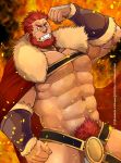  1boy abs bara bare_pecs beard blush bracer cape chest_harness convenient_censoring dark_skin dark_skinned_male embers error excessive_pubic_hair facial_hair fate/grand_order fate/zero fate_(series) flexing fur-trimmed_cape fur_trim harness ichikawa_kazuhide iskandar_(fate) leather male_focus male_pubic_hair muscle naked_cape navel nipples pectorals pose pubic_hair red_eyes red_hair short_hair solo thick_thighs thighs 