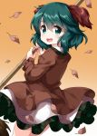  1girl animal_ears autumn_leaves bamboo_broom bangs broom brown_dress cowboy_shot dog_ears dog_tail dress eyebrows_visible_through_hair falling_leaves gradient gradient_background green_eyes green_hair hair_between_eyes highres holding holding_broom kasodani_kyouko leaf long_sleeves looking_at_viewer open_mouth orange_background ruu_(tksymkw) short_hair smile solo standing tail teeth touhou 