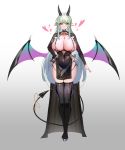  1girl bangs blush breasts cleavage collarbone demon_girl demon_horns demon_tail demon_wings full_body gradient gradient_background green_hair heart highres horns kuroha_(rockluo213) large_breasts lips long_hair original pointy_ears revealing_clothes sidelocks skindentation slit_pupils smile succubus tagme tail thighhighs wings yellow_eyes 