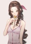 1girl absurdres aerith_gainsborough bolo_tie bow breasts brown_hair cleavage eyelashes final_fantasy final_fantasy_vii final_fantasy_vii_remake flower green_eyes hair_bow highres long_hair looking_at_viewer nana_illust simple_background smile solo upper_body very_long_hair wavy_hair 