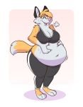  2018 2020 anthro belly big_belly blush bodily_fluids bottomwear bra breasts breath canid canine claws clothing female fox fur hands_on_belly hi_res mammal navel obese obese_anthro obese_female orange_body orange_fur overweight overweight_anthro overweight_female panting pants plantigrade simple_background solo sports_bra sweat thick_thighs titsunekitsune underwear white_body white_fur workout_clothing zera_(titsunekitsune) 