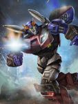  1boy aiming_at_viewer clenched_hand collaboration dan_khanna english_commentary firing glowing glowing_eyes gun holding holding_gun holding_weapon mecha official_art open_hand open_mouth running shoulder_cannon smokescreen_(transformers) solo transformers transformers_legends v-fin weapon 