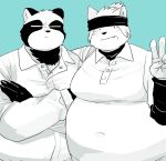  2020 anthro belly blue_background blush canid canine clothing cute_fangs duo hi_res hug humanoid_hands kemono male mammal overweight overweight_male raccoon_dog shirt simple_background tanuki topwear unagiga_hitotsu 