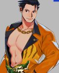  1boy bare_pecs black_hair chain_necklace dragon_print grey_background gyakuten_saiban hair_slicked_back head_tilt highres jacket looking_to_the_side male_focus muscle naruhodou_ryuuichi navel open_clothes open_jacket paguraisu shiny shiny_hair short_hair simple_background smile solo yellow_jacket 