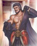  1boy abs armor bara bare_pecs beard belt blurry blurry_background brown_belt buckle bulge cape chest_hair collarbone door duessel_(fire_emblem) facial_hair fire_emblem fire_emblem:_the_sacred_stones fire_emblem_heroes gloves grey_eyes grey_hair highres multicolored_hair muscle mustache pants pauldrons pectorals purple_cape purple_gloves purple_pants purple_shirt red_armor reirotic shadow shirt shoulder_armor signature solo two-tone_hair undressing white_hair wooden_floor wrinkles 