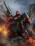  1boy autobot blue_eyes clenched_hand clenched_teeth cliffjumper collaboration dan_khanna english_commentary glowing glowing_eyes gun holding holding_gun holding_weapon horns looking_up mecha no_humans official_art solo teeth transformers transformers_legends weapon 