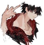  1boy black_hair collarbone face fingernails green_eyes hypnosis_mic kuroneko0309252 male_focus middle_finger parted_lips patterned patterned_clothing pectorals simple_background sketch upper_body white_background yamada_ichirou_(hypnosis_mic) 