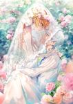  1boy 1girl bangs blue_eyes blue_neckwear bridal_gauntlets bridal_veil collared_shirt dress emma_(yakusoku_no_neverland) flower from_side girl_on_top green_eyes grin highres holding_another kinokohime long_hair looking_at_another looking_down looking_up neck_tattoo norman_(yakusoku_no_neverland) number_tattoo orange_hair shirt short_hair smile tattoo veil wedding wedding_dress white_dress white_hair white_shirt wreath yakusoku_no_neverland 
