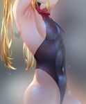  1girl armpits blonde_hair blue_swimsuit bodypaint breasts dead_or_alive h.carrrrrrot highres leotard long_hair marie_rose one-piece_swimsuit painted_clothes red_ribbon ribbon sideboob small_breasts solo swimsuit tan tanline twintails wet 