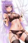  1girl absurdres bare_shoulders black_legwear blush braid breasts choker cleavage closed_mouth cowboy_shot curtains embarrassed frilled_choker frills frown garter_belt genshin_impact hair_ears highres holding keqing lingerie long_hair looking_at_viewer medium_breasts navel panties purple_eyes purple_hair solo standing stomach string_panties sunhyun thighhighs thighs underwear underwear_only v-shaped_eyebrows 