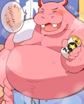 0119_muu 2020 alcohol anthro beer belly beverage beverage_can blush bodily_fluids clothing eyes_closed hi_res hippopotamid humanoid_hands japanese_text kemono male mammal overweight overweight_anthro overweight_male pink_body solo sweat text underwear 