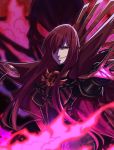  1girl black_bodysuit bodysuit breasts cape chain close-up fate/grand_order fate_(series) fire hair_over_one_eye kamuify long_hair looking_at_viewer oda_nobunaga_(fate)_(all) oda_nobunaga_(maou_avenger)_(fate) oda_uri purple_fire red_cape red_eyes red_hair skeleton solo 