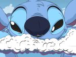  2020 aircraft airplane alien blue_body blue_fur blue_nose brown_eyes cloud disney dylbun evil_grin experiment_(lilo_and_stitch) fur head_tuft hi_res lilo_and_stitch looking_at_viewer macro narrowed_eyes notched_ear outside sky smile solo stitch_(lilo_and_stitch) tuft 