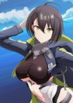  1girl ahoge arm_behind_head arm_up azur_lane baltimore_(azur_lane) bangs blue_coat blue_sky braid breasts brown_hair center_opening clothing_cutout cloud coat commentary_request cowboy_shot day eyebrows_visible_through_hair faulds french_braid gloves groin hair_between_eyes highres hood hood_down hooded_coat large_breasts long_sleeves looking_at_viewer makiri_akira multicolored_coat navel ocean outdoors short_hair sidelocks sky smile solo standing taut_clothes underboob underboob_cutout visor_(armor) white_gloves yellow_eyes 