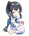  alcohol alternate_costume anchor_symbol barefoot black_hair blush chibi cup drunk floral_print hair_ribbon hair_tie ichinomiya_(blantte) japanese_clothes kantai_collection kimono ponytail red_eyes ribbon sake tipsy white_background yahagi_(kantai_collection) yukata yunomi 