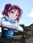  1girl against_railing arm_rest bangs blue_scarf blue_sky blue_vest blush brick_wall building cloud crossed_arms fence hair_ribbon highres kazuno_leah leaning_forward long_sleeves looking_at_viewer love_live! love_live!_sunshine!! nail_polish outdoors plaid plaid_scarf purple_eyes purple_hair ribbon scarf school_uniform shirt sky smile snow snowing solo stairs tree twintails upper_body vest white_ribbon white_shirt yopparai_oni 
