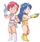  2girls back-to-back blue_hair boots breasts brown_eyes chibi cleavage_cutout clothing_cutout dirty_pair energy_sword gun hand_on_hip highres holding holding_gun holding_weapon kei_(dirty_pair) looking_at_viewer medium_breasts multiple_girls navel red_hair short_hair smile sword tsubobot weapon white_footwear wide_hips yellow_footwear yuri_(dirty_pair) 