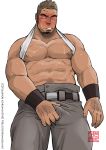  1boy abs arm_hair bara bare_pecs black_eyes blonde_hair blush body_hair bulge crotch_grab dark_skin dark_skinned_male facial_hair grey_pants ichikawa_kazuhide lifted_by_self male_focus muscle navel navel_hair nipples original pants pectorals penis_grab shirt_lift short_hair sideburns solo stubble sweat thick_thighs thighs 