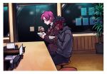  1boy 1girl applechoc avenger bazett_fraga_mcremitz black_hair bowl business_suit chewing chopsticks eating fate/hollow_ataraxia fate_(series) formal from_side headband holding hood hoodie necktie plant purple_hair restaurant sitting suit tattoo 