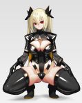  1girl ass_visible_through_thighs black_footwear black_gloves black_ribbon blonde_hair boots breasts character_request copyright_request corset detached_sleeves empty_eyes expressionless full_body gloves hair_between_eyes hair_ribbon highres hiragana_oufu large_breasts latex looking_at_viewer navel red_eyes revealing_clothes ribbon see-through shrug_(clothing) skindentation solo squatting thick_thighs thigh_boots thighhighs thighs twintails zipper_panties 