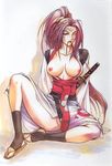 amputee arm_support artist_request baiken biting black_legwear breasts breasts_apart facepaint guilty_gear hair_ornament japanese_clothes katana kimono large_breasts legs long_hair long_sleeves mouth_hold nipples no_panties obi one-eyed open_clothes open_kimono pink_eyes pink_hair ponytail sandals sash scabbard scar scar_across_eye sheath sheathed sitting socks solo spread_legs string sword tattoo toeless_legwear toes weapon 