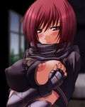  abu blush breast_hold breasts elbow_gloves fingerless_gloves gloves large_breasts nel_zelpher nipple_slip nipples no_bra purple_eyes red_hair scarf seductive_smile short_hair smile solo star_ocean star_ocean_till_the_end_of_time 