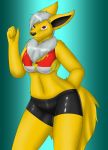  black_nose breasts clothed clothing digital_media_(artwork) eeveelution female fur hair jolteon koekoek looking_at_viewer multicolored_fur nintendo pok&eacute;mon pok&eacute;mon_(species) purple_eyes simple_background smile solo standing swimsuit two_tone_fur video_games white_hair yellow_fur 