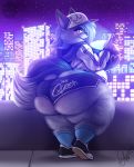  2018 absurd_res anthro big_breasts big_butt big_thighs black_nose blue_eyes blue_hair blush booty_shorts breasts butt canine city clothed clothing detailed_background detailed_fur digital_media_(artwork) dog female fluffy footwear fully_clothed fur grey_fur hair hat hi_res huge_breasts huge_butt hyper hyper_butt jacket legwear looking_at_viewer looking_back mammal night phone pinup pose seductive sheazu shoes signature slightly_chubby smile socks standing star thick_thighs tight_clothing watermark zoidberg656art 