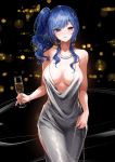  1girl absurdres azur_lane bangs bare_shoulders blue_hair blush breasts cleavage collarbone cup dress drinking_glass earrings evening_gown hair_ornament hairclip halter_dress highres jewelry large_breasts long_hair looking_at_viewer necklace nylon pink_eyes plunging_neckline side_ponytail sidelocks silver_dress smile st._louis_(azur_lane) st._louis_(luxurious_wheels)_(azur_lane) swept_bangs 