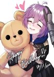  1boy 1girl absurdres ahoge bernadetta_von_varley birthday byleth_(fire_emblem) byleth_(fire_emblem)_(male) closed_eyes dated english_text eyebrows_visible_through_hair fire_emblem fire_emblem:_three_houses garreg_mach_monastery_uniform gupunetsu heart highres object_hug open_mouth petting purple_hair short_hair simple_background solo_focus stuffed_animal stuffed_toy teddy_bear 