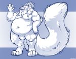  4_toes avian big_tail bird bulge danji-isthmus felid gesture gryphon leopard male mammal musclegut muscular mythological_avian mythology overweight overweight_male pantherine pecs tagme toes waving 