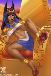  2020 2:3 4_toes 5_fingers anbs-02 anthro anubis black_hair blue_eyes breasts canid canine canis chair claws clothed clothing deity digital_media_(artwork) egyptian_mythology female fingers furniture hair hi_res jackal mammal middle_eastern_mythology mythology navel pawpads satsukii solo throne toe_claws toes zenonzard 