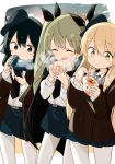  3girls :t anchovy_(girls_und_panzer) anzio_school_uniform bangs baozi barashiya belt beret black_belt black_cape black_coat black_eyes black_hair black_headwear black_neckwear black_ribbon black_scarf black_skirt blonde_hair braid breath can cape carpaccio_(girls_und_panzer) cellphone closed_eyes closed_mouth coat commentary demitas dress_shirt drill_hair drinking eating energy_drink eyebrows_visible_through_hair food girls_und_panzer green_eyes green_hair hair_ribbon hat highres holding holding_can holding_food holding_phone long_hair long_sleeves miniskirt multiple_girls necktie open_mouth pantyhose pepperoni_(girls_und_panzer) phone pleated_skirt ribbon scarf school_uniform shirt short_hair side_braid skirt smartphone smile soda_can standing takoyaki tilted_headwear twin_drills twintails white_legwear white_shirt wing_collar winter_clothes 