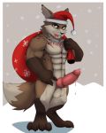 4:5 absurd_res anthro balls barazoku bodily_fluids canid canine christmas christmas_clothing christmas_headwear clothing coffeecat digital_media_(artwork) erection fennec fox fur genital_fluids genitals hair hat headgear headwear hi_res holidays looking_at_viewer male mammal muscular muscular_anthro muscular_male nude penis santa_hat simple_background smile solo tongue tongue_out 