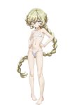  1girl bikini blonde_hair blue_eyes braid braided_ponytail carol_malus_dienheim flat_chest fujikawa_daichi full_body hand_on_hip long_hair looking_at_viewer mole mole_under_eye ribs senki_zesshou_symphogear shiny shiny_hair shiny_skin simple_background skindentation solo standing string_bikini swimsuit white_background white_bikini 